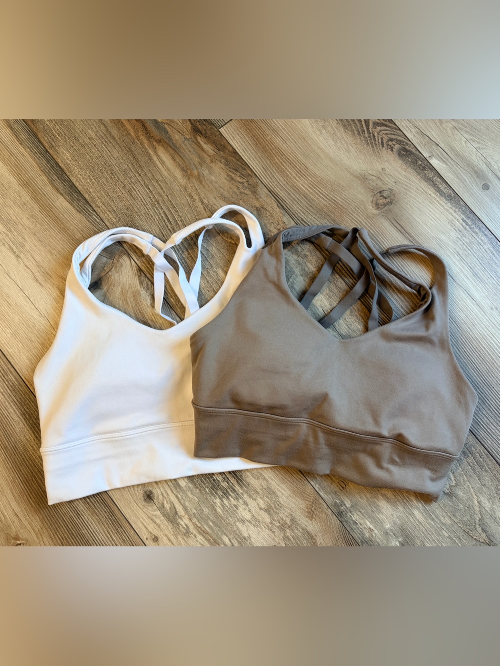 2 Strappy Back Sports Bras in White and Taupe